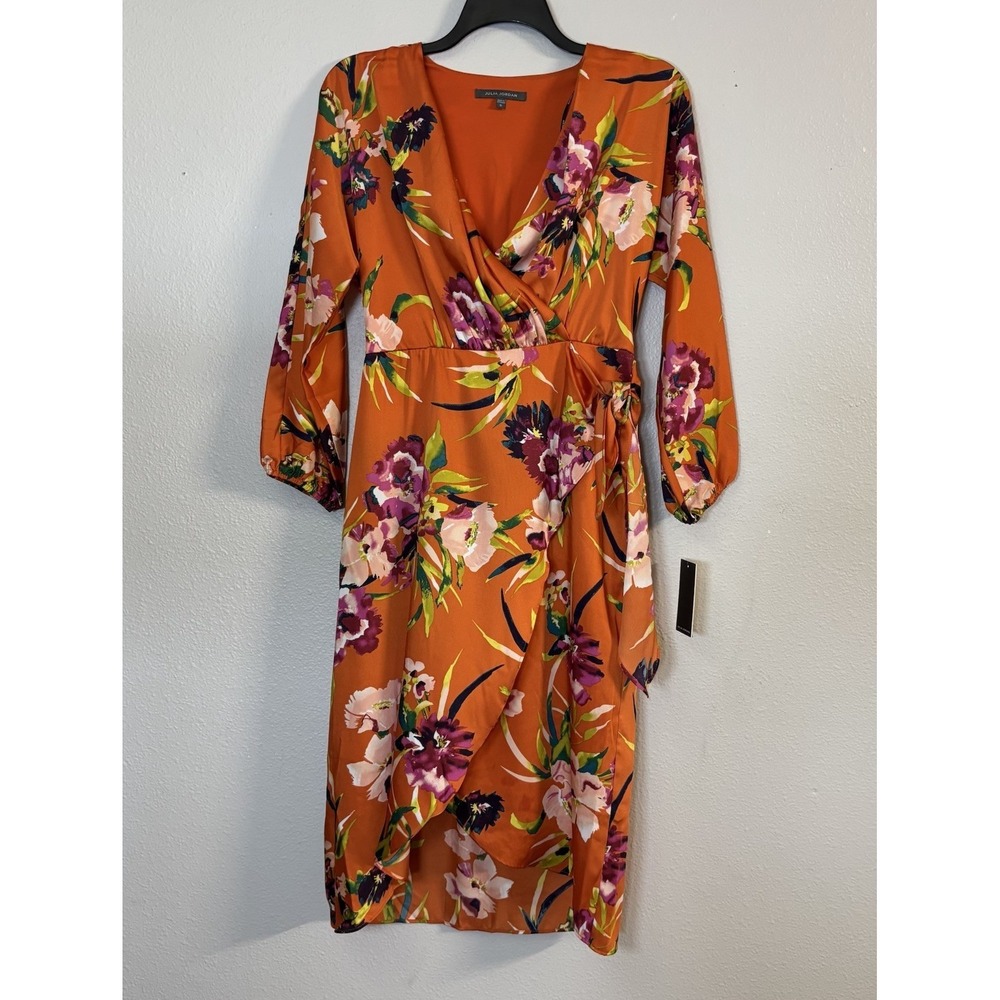 Julia Jordan Wrap Front Midi Dress Women's 6 Orange Floral Satin V Neck Artsy